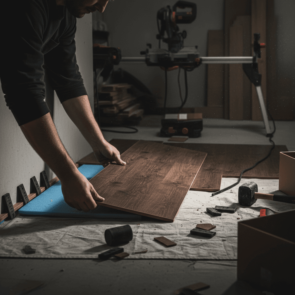 Laminate plank installation showing precision joint work