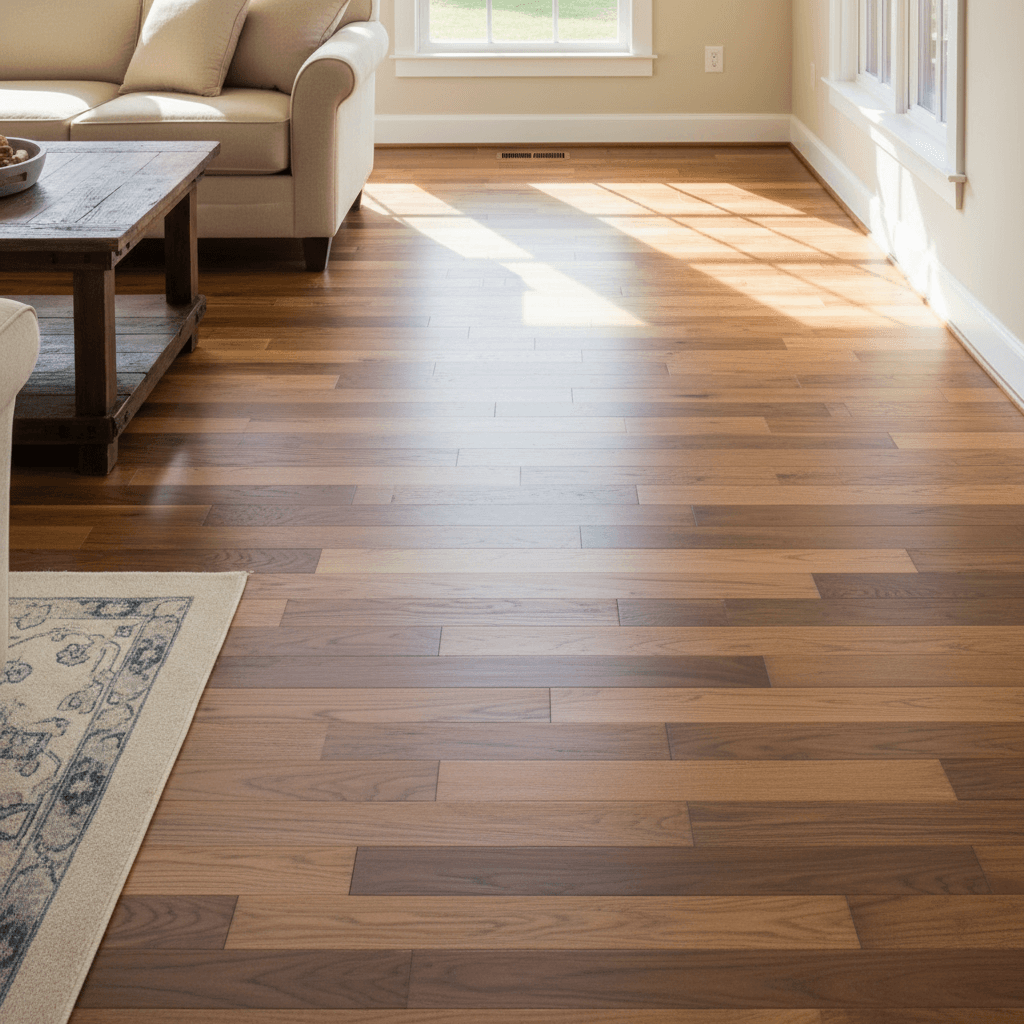 Hardwood flooring installation in residential living room