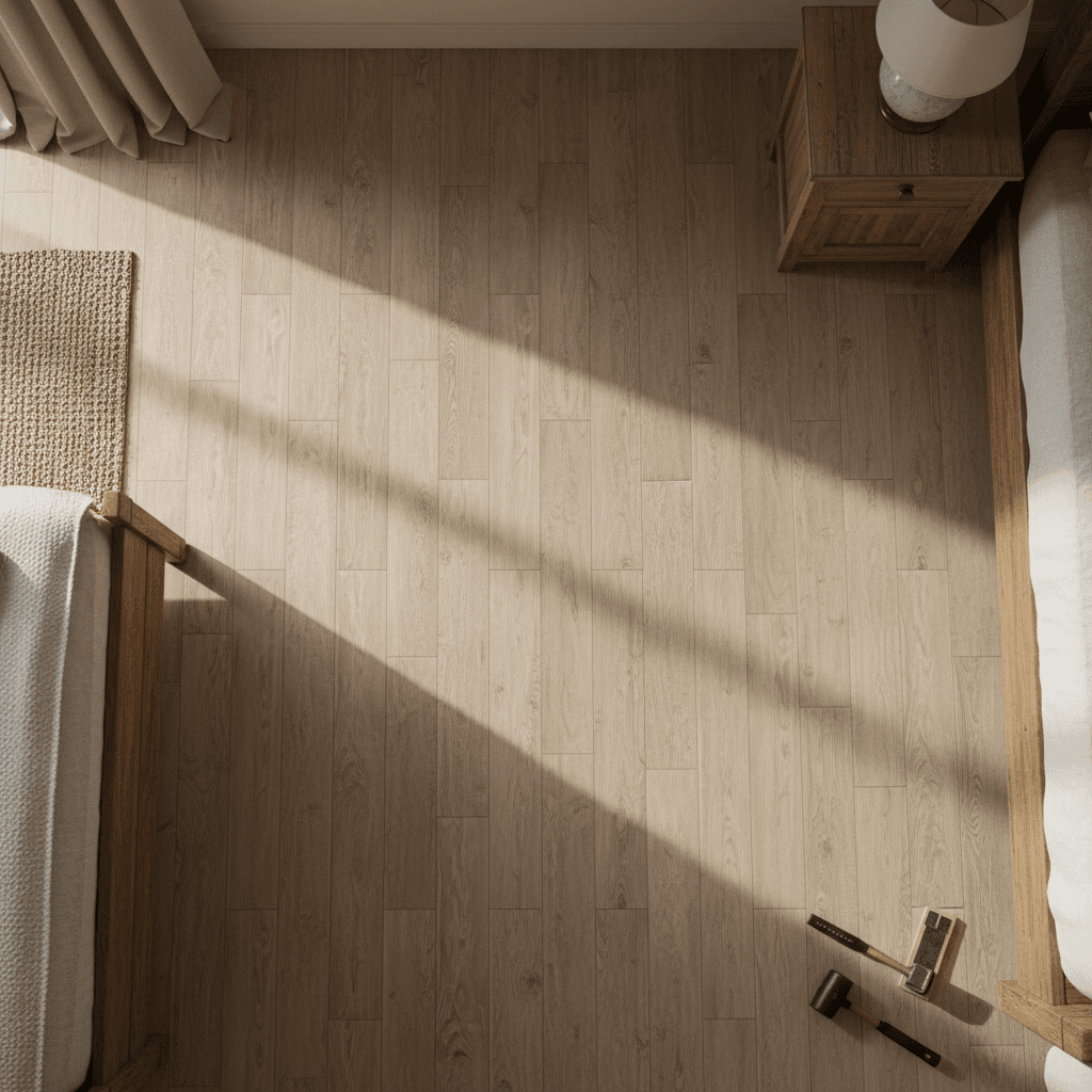 Laminate flooring installation in residential bedroom