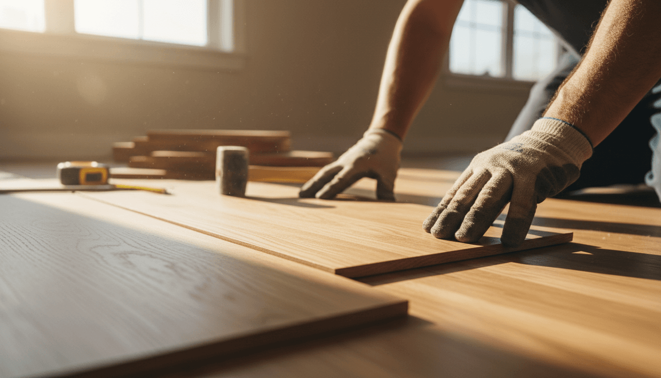 Flooring installer carefully laying hardwood planks during professional installation