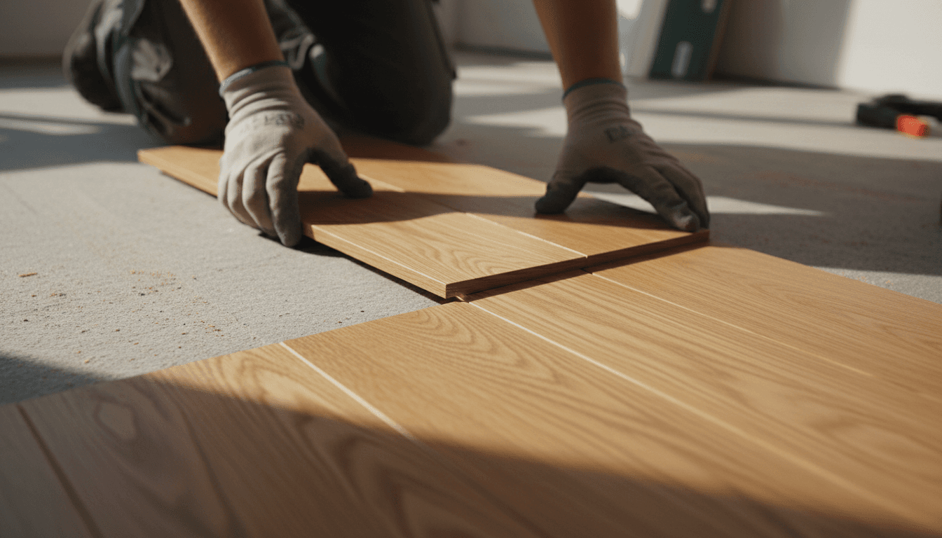 Professional flooring installer laying hardwood planks with precision