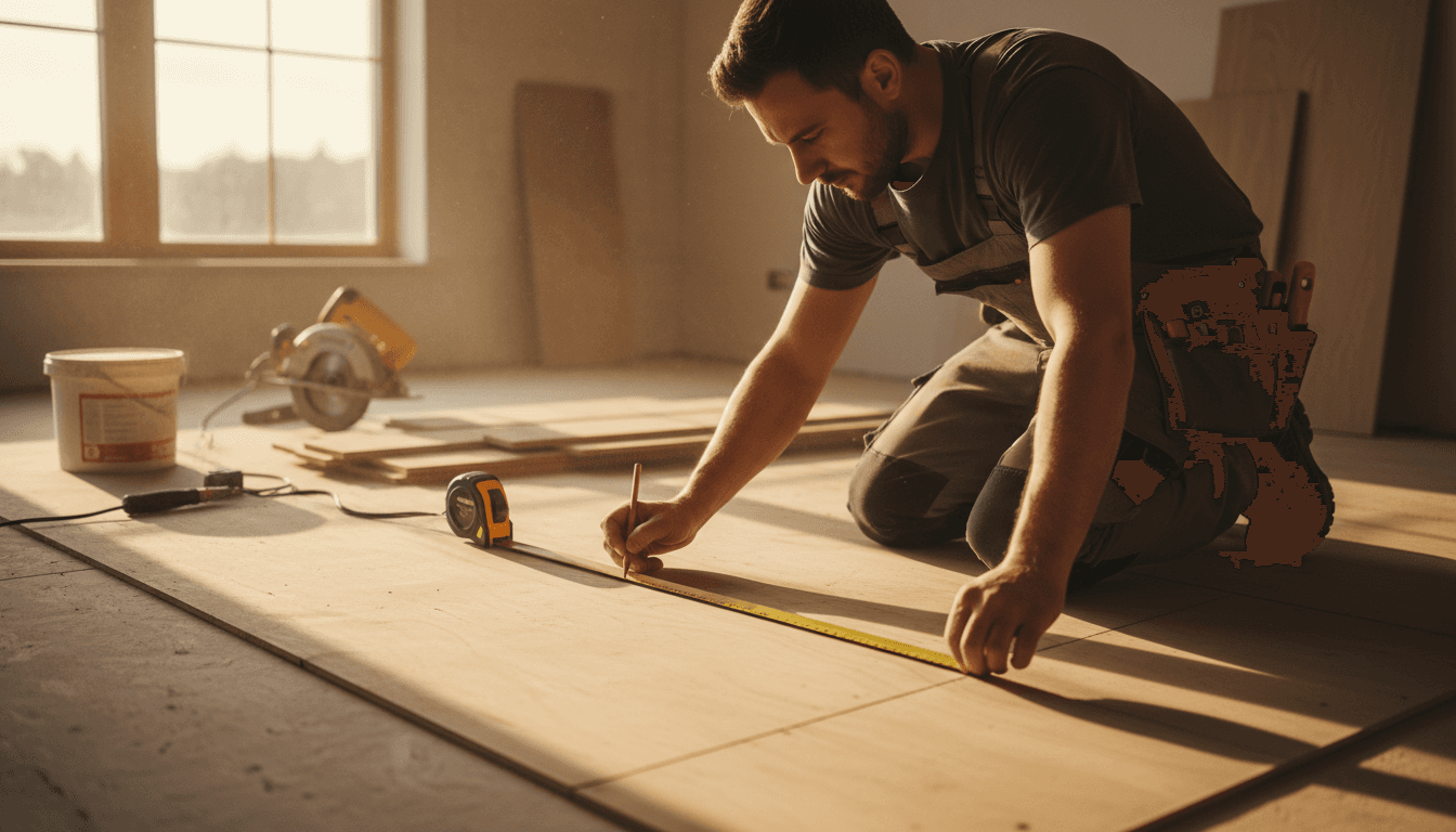 Flooring professional measuring and preparing a residential floor for installation
