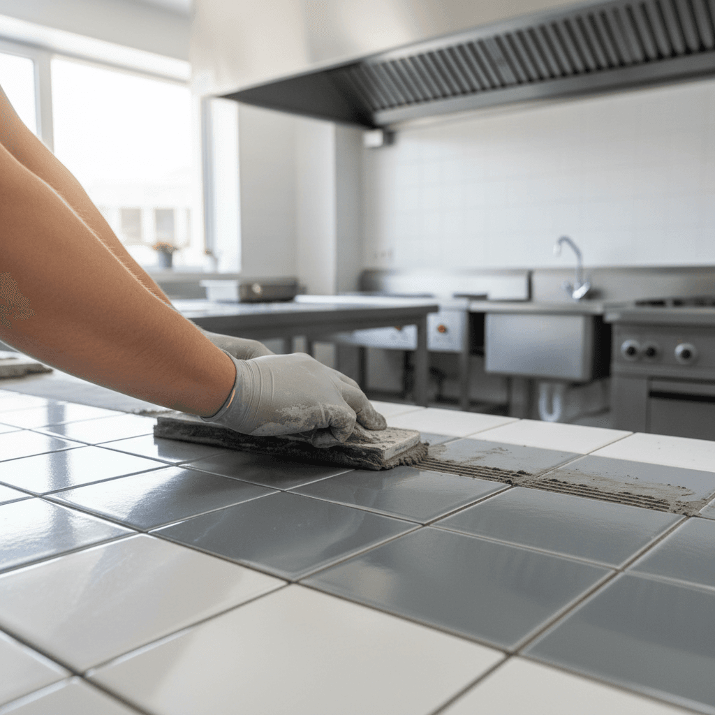 Ceramic tile installation detail in commercial kitchen