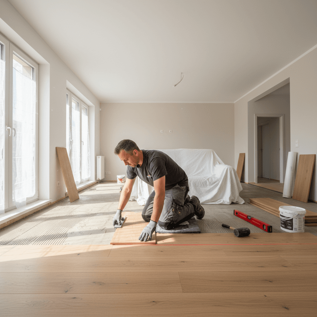 Professional flooring installation in progress