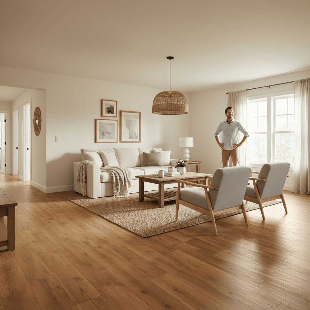Completed wood-look vinyl flooring in residential living room