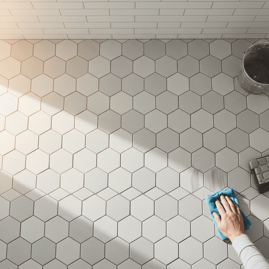 Tile flooring completed in residential bathroom