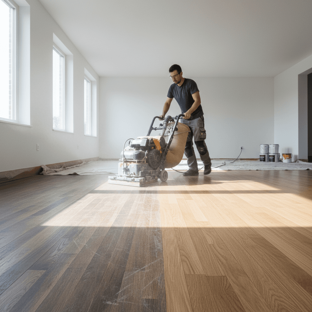 Hardwood floor refinishing with sanding equipment